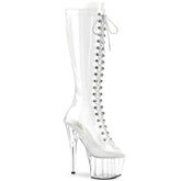 Pleaser ADORE-2021C Clear 7 Inch (178mm) Heel, 2 3/4 Inch (70mm) Platform Peep Toe Lace-Up Front Knee Boot